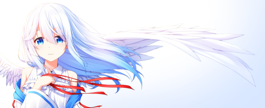 1girl angel_wings aoi_thomas bangs blue_eyes blue_hair closed_mouth collared_dress commentary dress eyebrows_visible_through_hair feathered_wings floating_hair frilled_dress frills gradient gradient_background gradient_hair grey_background hair_between_eyes highres holding holding_ribbon jacket long_sleeves multicolored_hair off_shoulder open_clothes open_jacket original red_ribbon ribbon sleeveless sleeveless_dress smile solo upper_body white_background white_dress white_hair white_jacket white_wings wide_sleeves wings