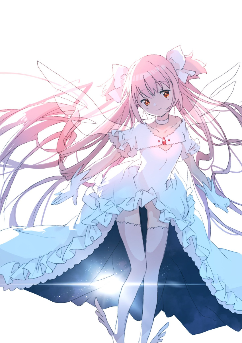 1girl arms_at_sides backlighting blush breasts choker closed_mouth collarbone commentary dot_nose dress eyebrows_visible_through_hair feet_out_of_frame floating_hair frilled_dress frilled_sleeves frills gloves glowing goddess_madoka hair_between_eyes hair_ribbon half-closed_eyes head_tilt highres kaname_madoka knees_together_feet_apart light_rays light_smile long_dress long_hair looking_afar mahou_shoujo_madoka_magica orange_eyes pink_hair ribbon shiny shiny_hair sidelocks simple_background sky small_breasts solo standing star_(sky) starry_sky straight_hair symbol_commentary thigh-highs thigh_gap transparent_wings very_long_hair watanuki_uchiha white_background white_choker white_dress white_gloves white_legwear white_neckwear white_ribbon wide_sleeves winged_footwear wings zettai_ryouiki