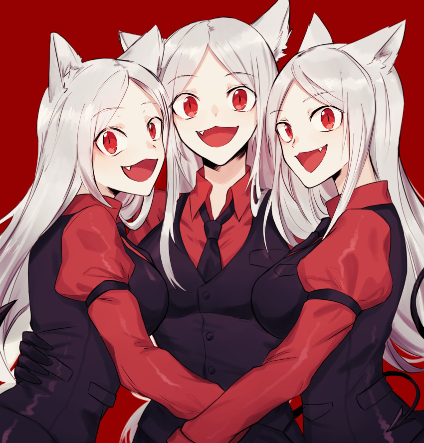 3girls :d animal_ears black_gloves black_neckwear black_suit black_tail black_vest breasts cerberus_(helltaker) collared_shirt demon_girl demon_tail dog_ears dog_girl fang formal gloves helltaker highres kazuukarazu long_hair looking_at_viewer matching_outfit medium_breasts multiple_girls necktie neckwear open_mouth red_background red_eyes red_shirt shirt siblings silver_hair simple_background sisters smile standing suit tail triplets upper_body very_long_hair vest white_hair