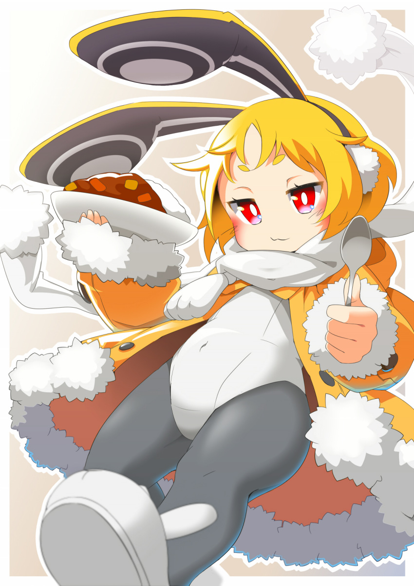 1girl :3 animal_ears animal_slippers blonde_hair bright_pupils bunny_earmuffs bunny_slippers closed_mouth coat covered_navel curry disgaea earmuffs fake_animal_ears food fur-trimmed_coat fur-trimmed_sleeves fur_trim grey_legwear highres hinotama_(hinotama422) holding holding_spoon leotard long_sleeves makai_senki_disgaea_5 no_nose open_clothes open_coat orange_coat outline pantyhose rabbit_ears red_eyes scarf short_hair slippers solo spoon usalia_(disgaea) white_footwear white_leotard white_outline white_pupils white_scarf