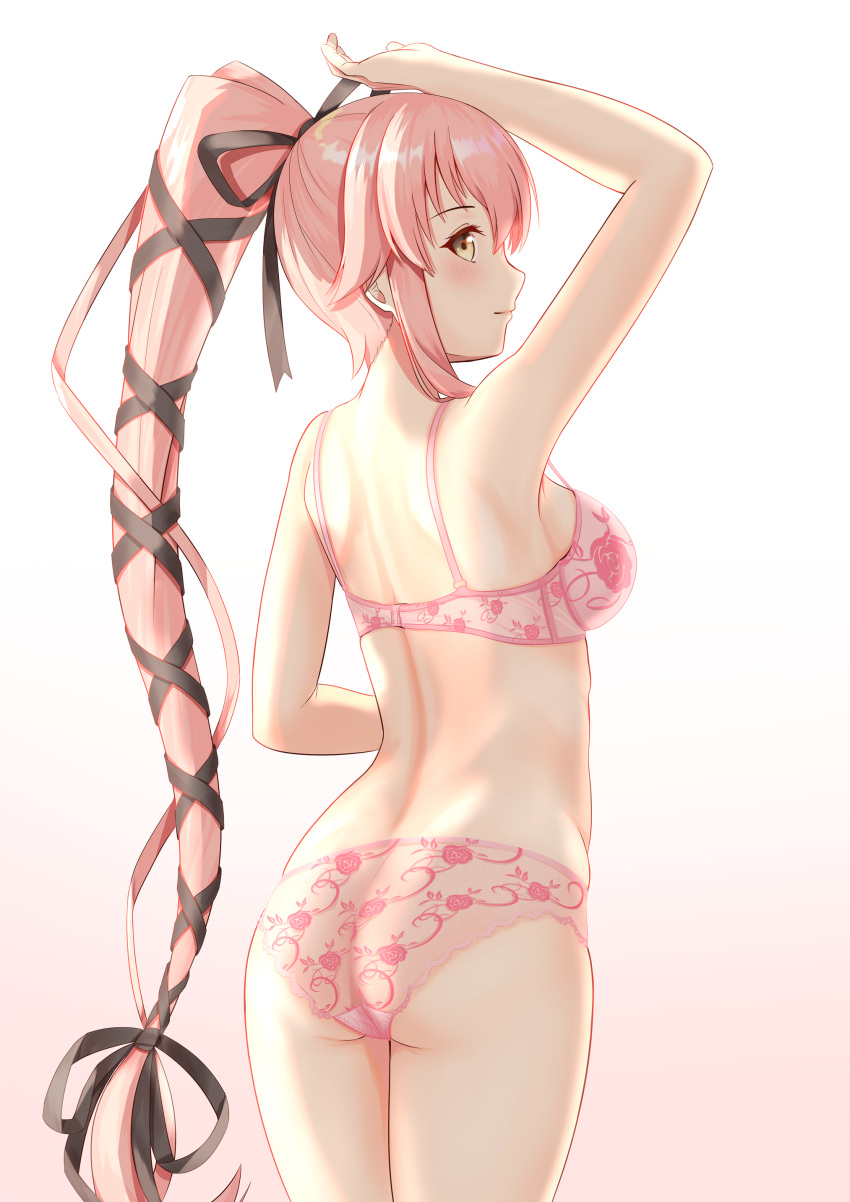 1girl absurdres ass bangs black_ribbon blush bra breasts brown_eyes closed_mouth cowboy_shot floral_print from_behind gradient gradient_background hair_ribbon high_ponytail highres kantai_collection long_hair looking_at_viewer looking_back medium_breasts panties pink_bra pink_hair print_bra print_panties ribbon rose_print sideboob sidelocks smile solo strap_slip underwear underwear_only very_long_hair white_background yura_(kantai_collection) zuki