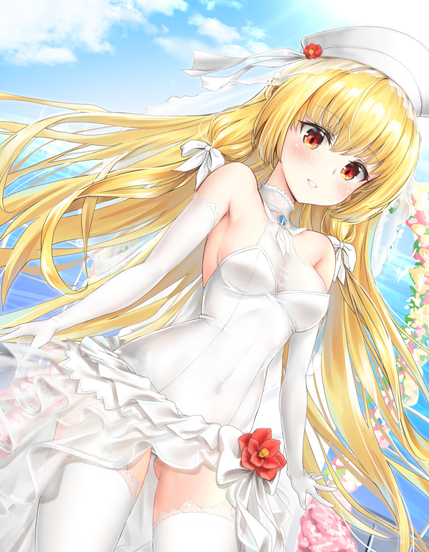 1girl ag-2c_sirene armpits bangs blonde_hair blush breasts bridal_gauntlets bridal_veil bride day dress elbow_gloves frills gloves gukukimu hat highres last_origin leotard leotard_under_clothes long_hair looking_at_viewer navel outdoors redhead sailor_hat skindentation sky small_breasts solo thigh-highs twintails veil wedding wedding_dress white_dress white_legwear