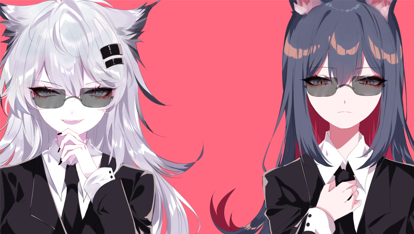 2girls :d alternate_costume animal_ears arknights bangs black_hair black_jacket black_nails black_neckwear blazer brown_eyes chinese_commentary commentary_request eyebrows_visible_through_hair grey_eyes hair_between_eyes hair_ornament hairclip hand_up highres jacket lappland_(arknights) long_hair long_sleeves looking_at_viewer multiple_girls nail_polish necktie open_mouth pink_background sheya shirt silver_hair simple_background smile sunglasses texas_(arknights) upper_body white_shirt wolf_ears