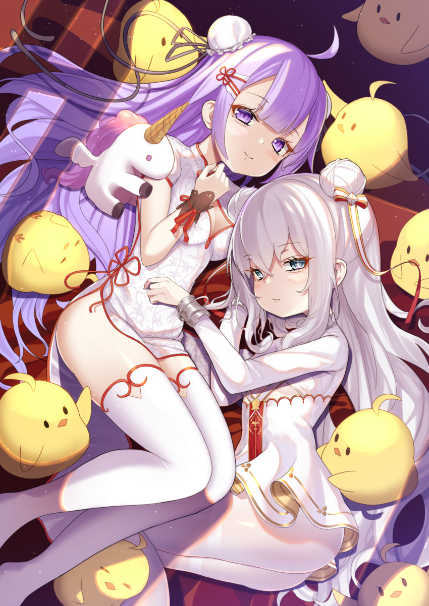2girls ahoge animal azur_lane bird blue_eyes breasts bun_cover chick chinese_clothes closed_mouth commentary_request double_bun dress feet_out_of_frame highres le_malin_(azur_lane) long_hair lying medium_breasts multiple_girls on_side pantyhose puffy_short_sleeves puffy_sleeves purple_hair short_sleeves silver_hair smile stuffed_alicorn stuffed_animal stuffed_toy templus thigh-highs unicorn_(azur_lane) unicorn_(spring's_present)_(azur_lane) very_long_hair violet_eyes white_dress white_legwear wrist_cuffs