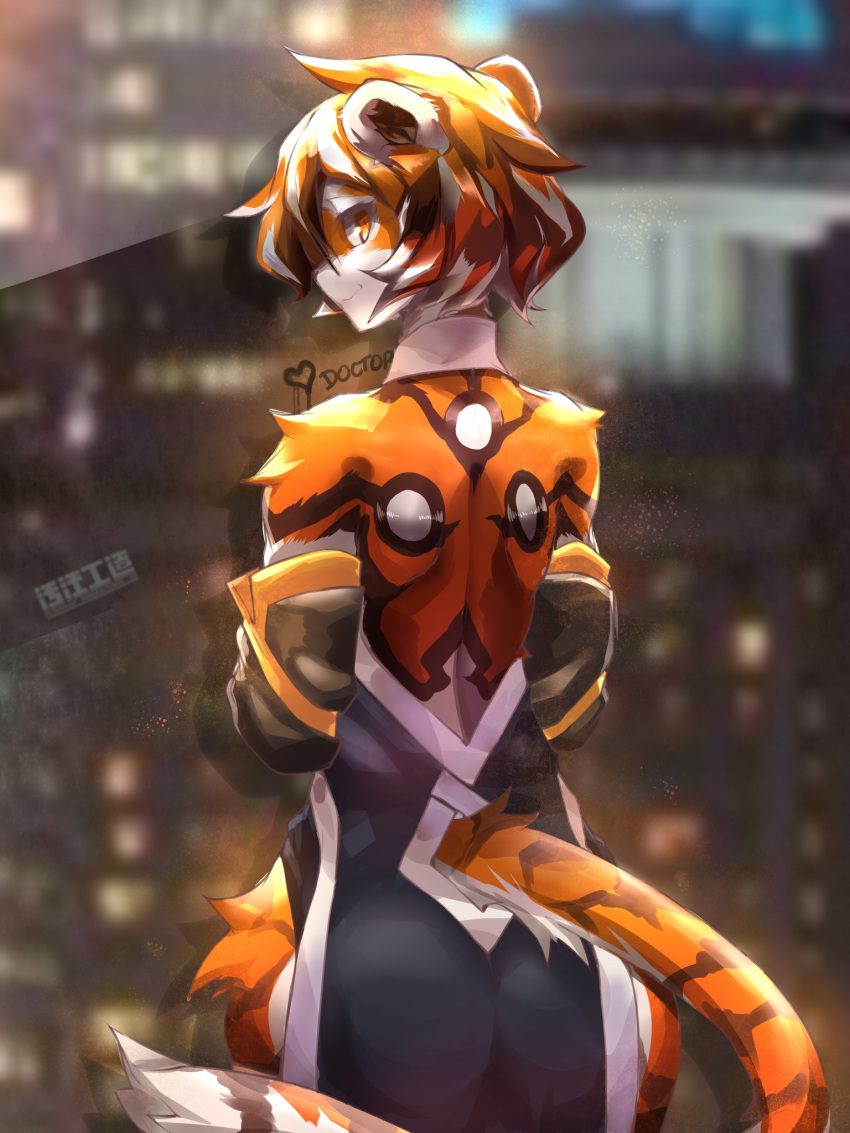 1girl animal_ears arknights ass backless_dress backless_outfit bangs bridal_gauntlets building china_dress chinese_clothes dress english_text filthywoooof furry glass_wall heart highres looking_back multicolored_hair orange_fur pelvic_curtain streaked_hair tail tiger_ears tiger_girl tiger_stripes tiger_tail waai_fu_(arknights) white_fur