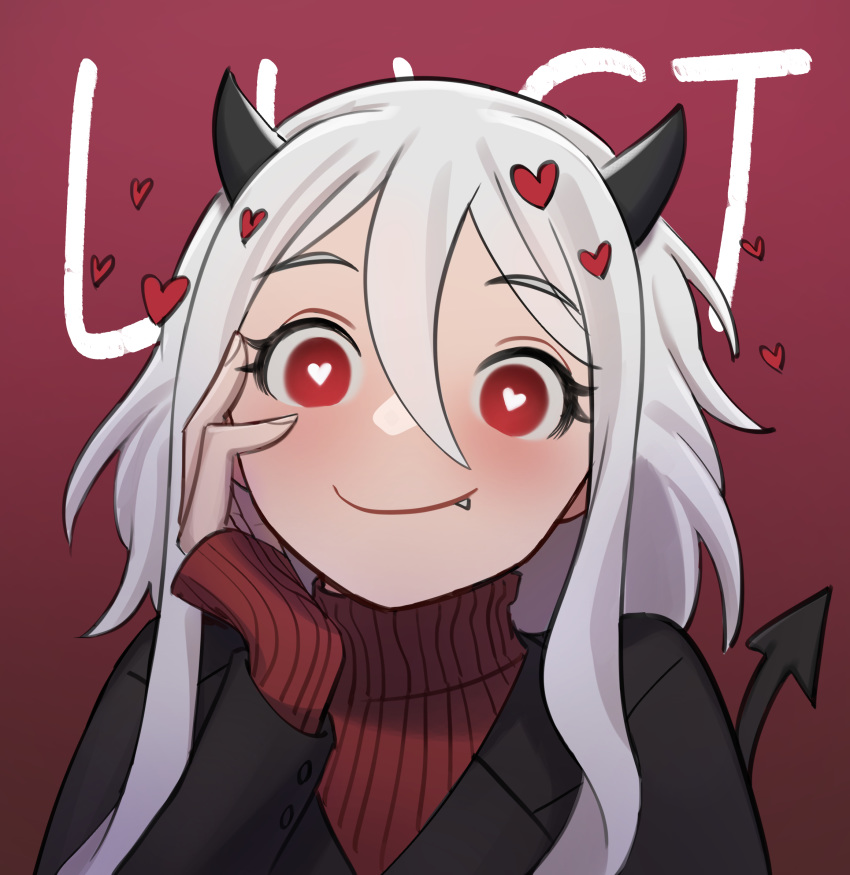 1girl black_horns black_suit blush demon_girl demon_horns demon_tail enoki_(lamuun) fang fang_out hand_on_own_cheek head_rest heart heart-shaped_pupils helltaker highres horns long_sleeves looking_at_viewer modeus_(helltaker) red_eyes red_sweater shirt short_hair sleeves_past_wrists solo sweater symbol-shaped_pupils tail turtleneck white_hair