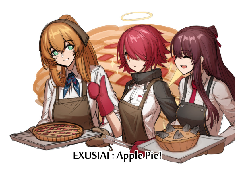 3girls apple_pie apron aqua_eyes arknights brown_hair catchphrase character_name closed_eyes cooking energy_wings english_text exusiai_(arknights) eyebrows_visible_through_hair eyes_visible_through_hair fish food girls_frontline halo highres jojogwang m1903_springfield_(girls_frontline) mittens multiple_girls pie purple_hair redhead smile sparkle stargazy_pie tongs tray wa2000_(girls_frontline)