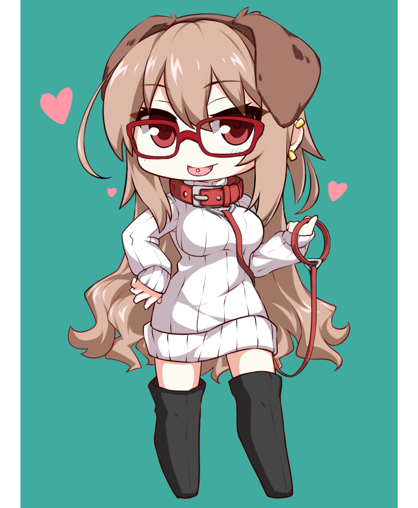 1girl animal_ears bangs boots brown_hair chibi collar dog_ears ear_piercing earrings glasses heart highres jewelry leash lindoh_flores long_hair looking_at_viewer open_mouth original piercing pillarboxed red-eyes_macadamiachoco red-framed_eyewear red_eyes ribbed_sweater smile solo standing sweater thigh-highs thigh_boots tongue_piercing turtleneck turtleneck_sweater