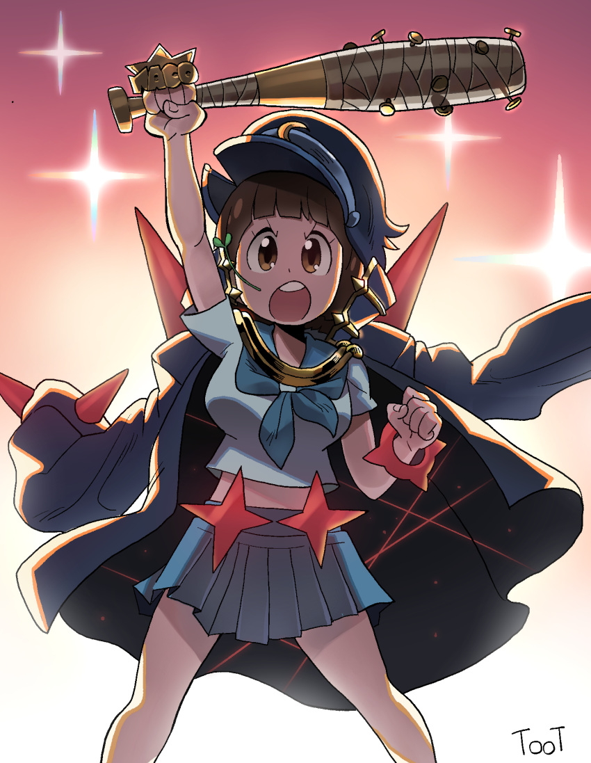 1girl arm_up artist_name baseball_bat blue_sailor_collar blue_skirt bracelet brown_eyes brown_hair character_name clenched_hand commentary_request hat highres holding holding_weapon jacket_on_shoulders jewelry kill_la_kill life_fiber mankanshoku_mako nail nail_bat open_mouth pleated_skirt sailor_collar shadow short_hair short_sleeves skirt solo star_(symbol) stomach teeth toot upper_teeth weapon