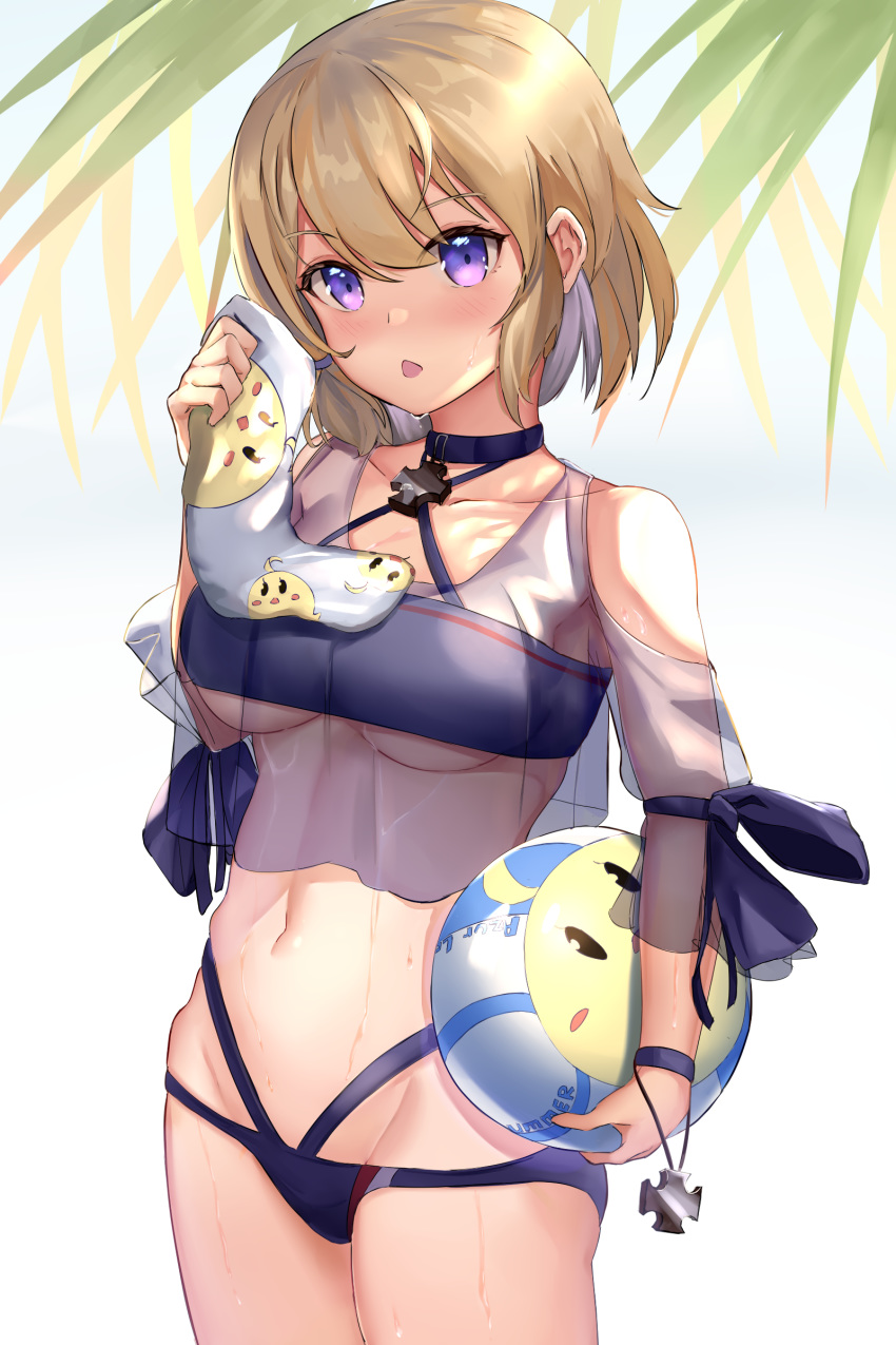 1girl absurdres azur_lane ball bangs bare_shoulders beachball bikini blonde_hair blue_bikini blue_choker blush breasts choker criss-cross_halter cross cross_choker eyebrows_visible_through_hair hair_between_eyes hair_ornament halterneck highres holding iron_cross looking_at_viewer manjuu_(azur_lane) navel open_mouth palm_leaf see-through short_hair skai_kun socks swimsuit underboob_cutout water_drop z23_(azur_lane) z23_(two-man_cell_match!)_(azur_lane)