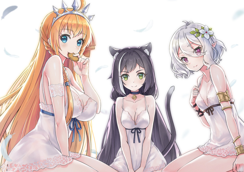 3girls ahoge animal_ears armlet black_choker black_hair black_ribbon blue_eyes blue_ribbon breasts cat_ears cat_tail choker closed_mouth dress eating eyebrows_visible_through_hair eyes_visible_through_hair flower green_eyes hair_between_eyes hair_flower hair_ornament karyl_(princess_connect!) kokkoro_(princess_connect!) large_breasts long_hair looking_at_viewer low_twintails medium_breasts multicolored_hair multiple_girls omgamilla orange_hair pecorine princess_connect! princess_connect!_re:dive red_eyes ribbon short_hair sitting small_breasts smile streaked_hair tail tiara twintails white_dress white_hair