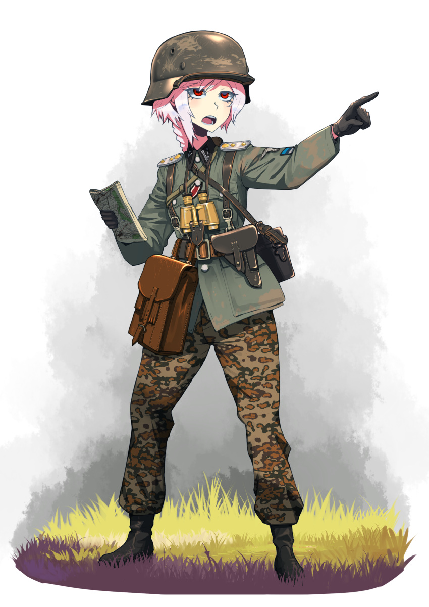 1girl absurdres belt binoculars black_gloves braid commentary erica_(naze1940) full_body gloves helmet highres holster long_hair map military military_uniform open_mouth original pointing red_eyes solo teeth uniform white_hair world_war_ii