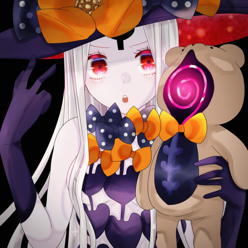1girl abigail_williams_(fate/grand_order) artist_request bangs bare_shoulders black_background black_bow black_headwear blush bow breasts fate/grand_order fate_(series) forehead hat highres holding holding_stuffed_animal keyhole long_hair multiple_bows open_mouth orange_bow parted_bangs red_eyes simple_background small_breasts stuffed_animal stuffed_toy teddy_bear w white_hair white_skin witch_hat