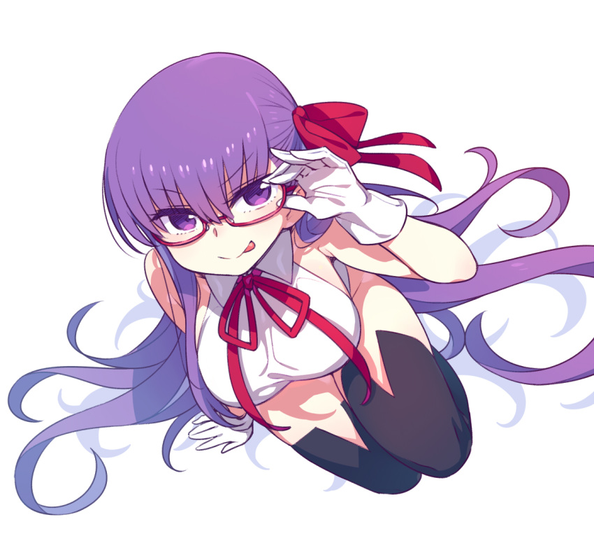 1girl bangs bare_shoulders bb_(fate)_(all) bb_(fate/extra_ccc) black_legwear blush breasts chan_co closed_mouth fate/extra fate/extra_ccc fate_(series) glasses gloves hair_ribbon large_breasts leotard long_hair looking_at_viewer neck_ribbon purple_hair red_ribbon ribbon simple_background smile solo thigh-highs tongue tongue_out very_long_hair violet_eyes white_background white_gloves white_leotard