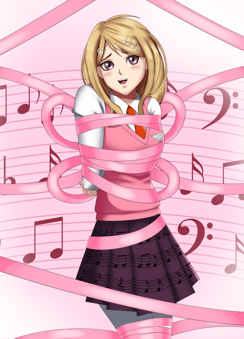 1girl akamatsu_kaede arms_behind_back blonde_hair blush bound dangan_ronpa dangan_ronpa_3 deviantart fog happy looking_at_viewer musical_note pink_background pink_ribbon pink_vest school_uniform sincity2100 tied_up violet_eyes