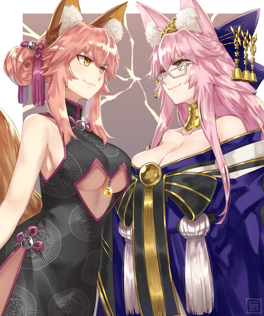 2girls absurdres animal_ear_fluff animal_ears bangs blue_kimono breasts center_opening cosplay costume_switch fate/extra fate/grand_order fate_(series) fox_ears fox_girl fox_tail fumafu glasses highres japanese_clothes kimono koyanskaya large_breasts long_hair long_sleeves multiple_girls pink_hair smile tail tamamo_(fate)_(all) tamamo_no_mae_(fate) white-framed_eyewear yellow_eyes