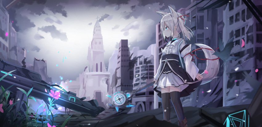 1girl animal_ears black_legwear blue_eyes building clouds detached_sleeves dress extra_ears flower fox_ears fox_girl fox_tail highres holding long_hair long_sleeves looking_away original outdoors petals post-apocalypse ruins sidelocks silver_hair sky solo staff standing tail thigh-highs touhourh twilight twintails underbust white_dress zettai_ryouiki