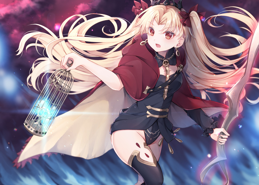1girl asymmetrical_sleeves bangs between_breasts black_legwear blonde_hair blush bow breasts cape commentary_request earrings ereshkigal_(fate/grand_order) eyebrows_visible_through_hair fate/grand_order fate_(series) hair_bow hair_ribbon highres holding holding_cage holding_weapon jewelry long_hair long_sleeves medium_breasts necklace open_mouth parted_bangs red_eyes ribbon single_sleeve skull solo spine tiara two_side_up weapon yua_(bokubo0806)