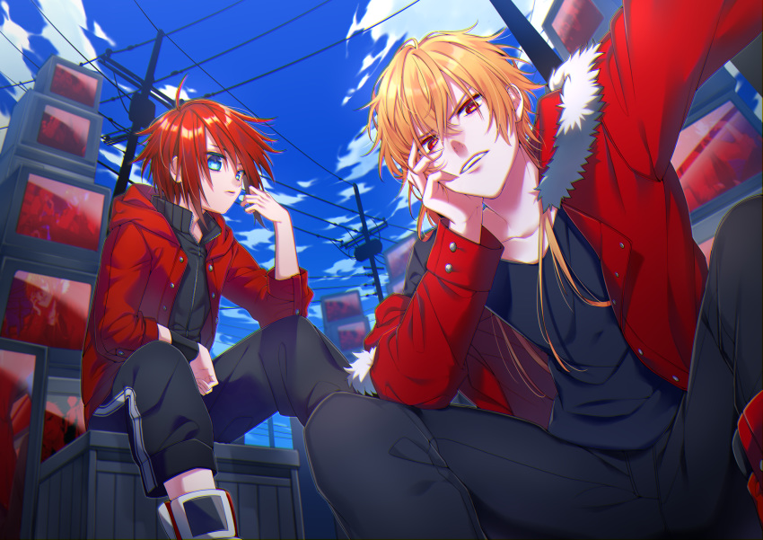 2boys black_pants black_shirt blonde_hair blue_eyes box copyright_request day hand_up highres ikurikaito jacket male_focus multiple_boys outdoors pants parted_lips power_lines red_eyes red_jacket redhead self_shot shirt sitting telephone_pole television