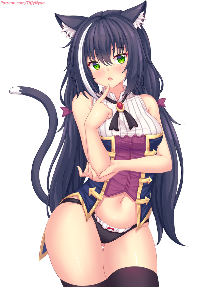 1girl animal_ear_fluff animal_ears ass_visible_through_thighs bangs bare_arms bare_shoulders black_hair black_legwear black_panties blush bow bow_panties breasts cat_ears cat_girl cat_tail commentary english_commentary eyebrows_visible_through_hair fang fast-runner-2024 finger_to_mouth green_eyes hair_between_eyes hair_bow hand_up highres index_finger_raised karyl_(princess_connect!) long_hair low_twintails medium_breasts multicolored_hair navel no_detached_sleeves no_pants panties parted_lips princess_connect! princess_connect!_re:dive purple_bow shirt simple_background sleeveless sleeveless_shirt solo streaked_hair tail tail_raised thigh-highs twintails underwear very_long_hair watermark web_address white_background white_hair white_shirt
