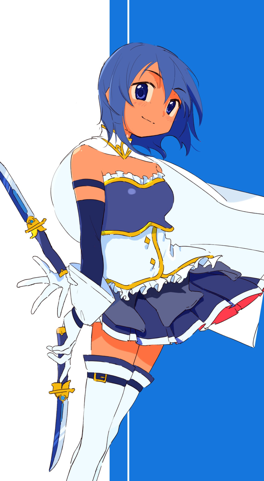 1girl absurdres arm_at_side bare_shoulders belt blue_background blue_eyes blue_hair blue_skirt blue_theme blush breasts cape closed_mouth detached_sleeves dot_nose eyebrows_visible_through_hair feet_out_of_frame floating_hair frills gloves happy highres holding holding_knife holding_weapon knife legs_together looking_at_viewer mahou_shoujo_madoka_magica medium_breasts miki_sayaka pleated_skirt sate_(ryu_ryu_1212m) shiny shiny_skin short_hair simple_background skirt smile solo standing strapless striped striped_background thigh-highs two-tone_background weapon white_background white_cape white_gloves white_legwear wind wind_lift zettai_ryouiki