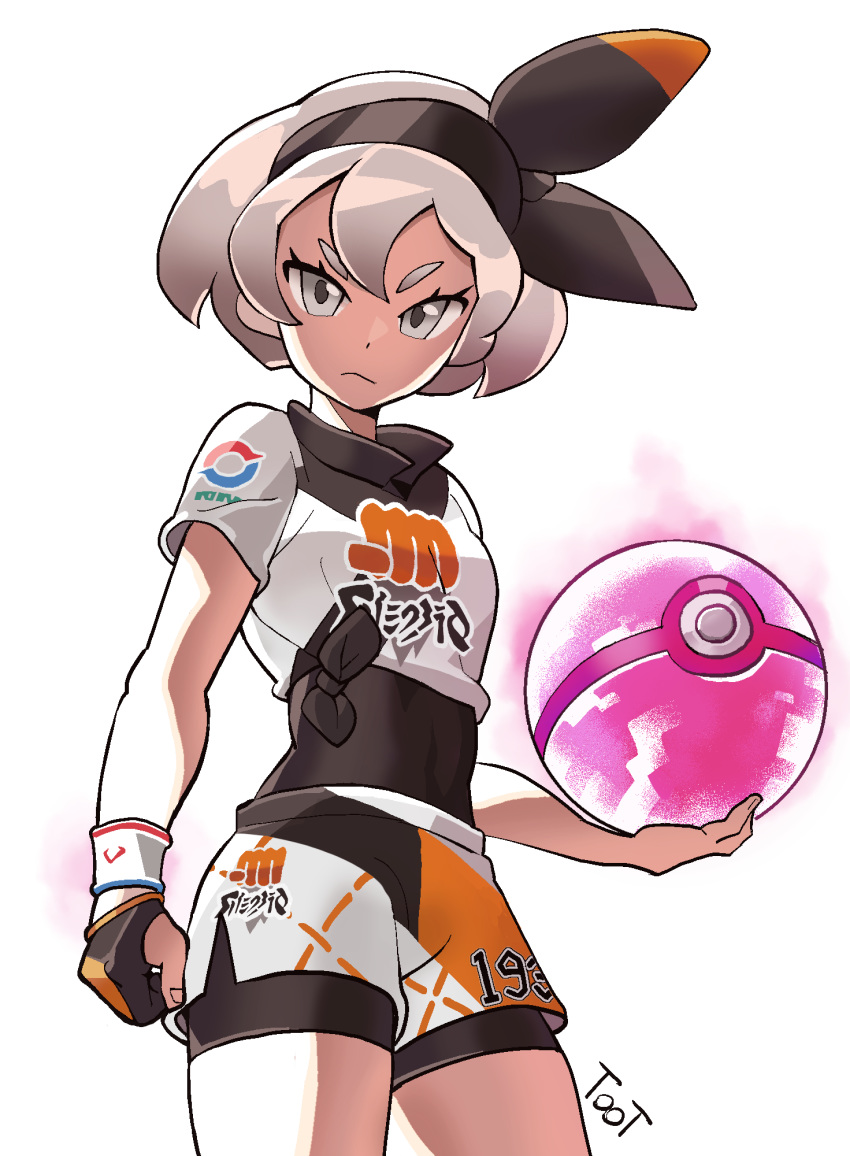 1girl :&lt; artist_name black_bodysuit black_gloves black_hairband bodysuit bodysuit_under_clothes bow clenched_hand collared_shirt commentary_request cowboy_shot dynamax_ball gloves glowing grey_eyes grey_hair gym_leader hairband highres holding holding_poke_ball looking_at_viewer looking_down partly_fingerless_gloves poke_ball pokemon pokemon_(game) pokemon_swsh print_shirt print_shorts saitou_(pokemon) shadow shirt short_hair short_sleeves shorts simple_background single_glove solo tied_shirt toot two-tone_gloves white_background wristband