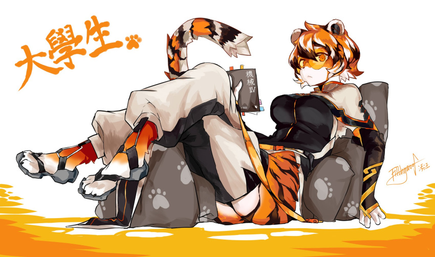 1girl animal_ears arknights baggy_pants belt belt_buckle black_fur black_hair black_nails breasts buckle china_dress chinese_clothes chinese_text detached_pants detached_sleeves dress filthywoooof furry glasses highres multicolored_hair notebook orange_fur orange_hair pants paw_print paws pillow pillow_support round_eyewear sandals shoal short_hair simple_background solo streaked_hair tail tiger_ears tiger_tail waai_fu_(arknights) white_fur white_hair