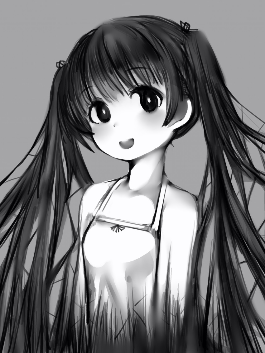 1girl :d bare_shoulders breasts bright_pupils copyright_request dress empty_eyes grey_background hair_ribbon highres long_hair looking_at_viewer nanashi_(nlo74593630) open_mouth ribbon simple_background sleeveless sleeveless_dress small_breasts smile solo sundress twintails upper_body
