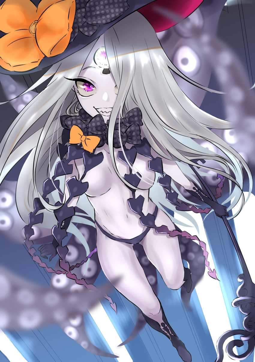 1girl abigail_williams_(fate/grand_order) absurdres artist_request bangs bare_shoulders black_bow black_headwear black_panties blue_background blurry bow breasts depth_of_field fate/grand_order fate_(series) forehead glowing glowing_eye gradient gradient_background grin hat highres key keyhole legs long_hair multiple_bows navel orange_bow panties parted_bangs pink_eyes sharp_teeth small_breasts smile staff teeth tentacles third_eye underwear white_hair white_skin witch_hat