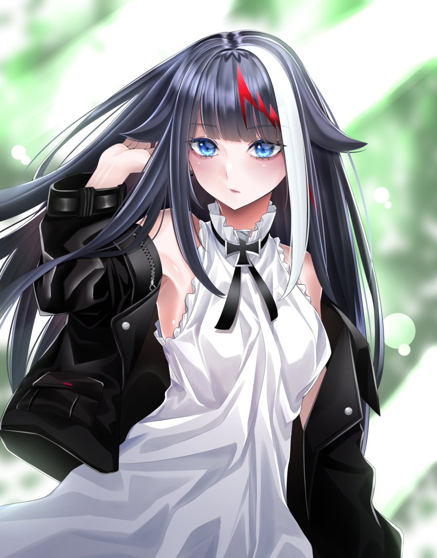 1girl absurdres arm_up azur_lane black_choker black_hair black_jacket blue_eyes blurry blurry_background blush breasts choker deutschland_(azur_lane) dress eyebrows_visible_through_hair highres iron_cross jacket long_hair looking_at_viewer medium_breasts multicolored_hair redhead smile solo streaked_hair surota very_long_hair white_dress white_hair