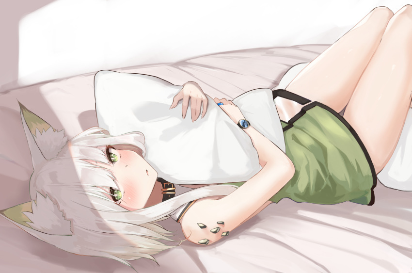 1girl animal_ear_fluff animal_ears arknights bangs bare_arms bare_shoulders bed blush dress green_dress green_eyes highres holding kal'tsit_(arknights) kashiyarrm looking_at_viewer lying on_back ore_lesion_(arknights) parted_lips pillow pillow_hug short_dress short_hair silver_hair solo thighs watch watch white_background