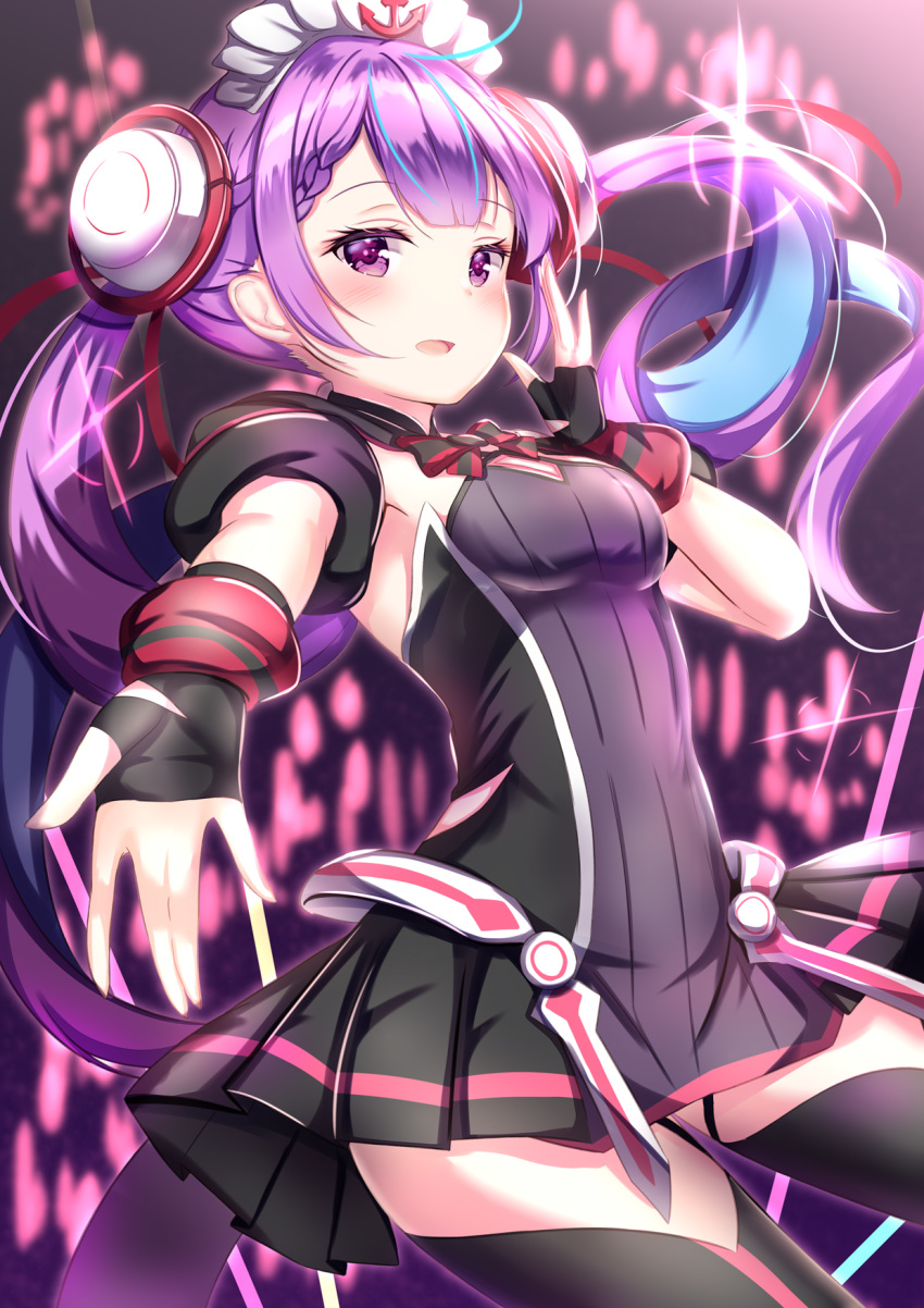 1girl anchor bangs black_dress black_gloves black_legwear black_sleeves blue_hair blurry blurry_background blush braid breasts depth_of_field detached_sleeves dress eyebrows_visible_through_hair fingerless_gloves gloves glowstick hair_ornament highres hololive looking_at_viewer medium_breasts minato_aqua multicolored_hair open_mouth puffy_short_sleeves puffy_sleeves purple_hair short_sleeves solo strapless strapless_dress thigh-highs twintails two-tone_hair violet_eyes virtual_youtuber yuano