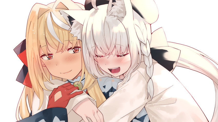 2girls absurdres ahoge animal_ear_fluff animal_ears beret blonde_hair blue_kimono blush bow braid closed_eyes closed_mouth commentary dress eyebrows_visible_through_hair eyelashes fox_ears gloves hair_between_eyes hair_bow hand_on_another's_arm hat highres hololive hug hug_from_behind japanese_clothes kimono lips long_hair looking_at_another looking_back multicolored_hair multiple_girls open_mouth ponytail red_eyes red_gloves shirakami_fubuki shiranui_flare side_braid simple_background streaked_hair tonari_no_kai_keruberosu two-tone_hair upper_body virtual_youtuber white_background white_dress white_hair white_headwear yuri