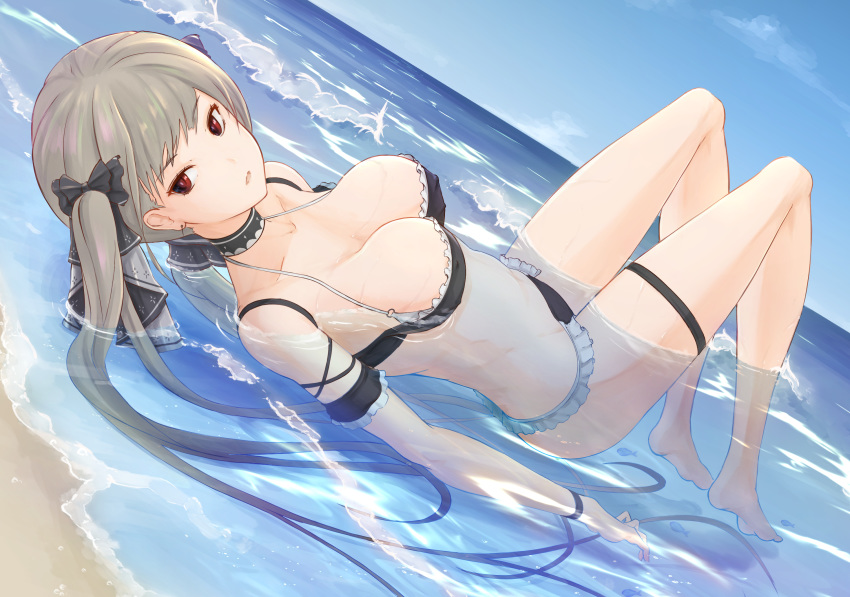 1girl aqua_bikini azur_lane bikini blue_sky chonn clouds formidable_(azur_lane) highres long_hair ocean red_eyes self_upload silver_hair sky swimsuit very_long_hair wet