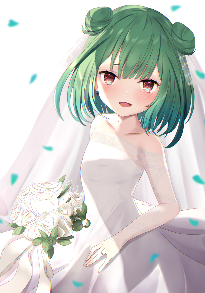 1girl bangs bare_shoulders bouquet bridal_veil bride collarbone commentary_request double_bun dress earrings falling_petals fang flower green_hair highres hololive jewelry looking_at_viewer open_mouth red_eyes ring rose saki_(saki_paint) short_hair sidelocks skull_earrings smile solo standing symbol_in_eye upper_body uruha_rushia veil virtual_youtuber wedding_band wedding_dress white_dress white_flower white_rose