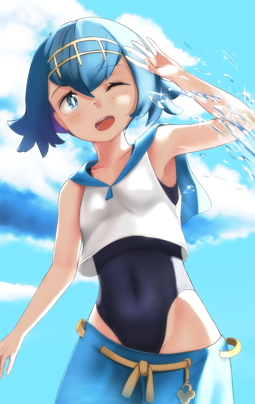 1girl ;d arm_up bangs blue_eyes blue_hair blue_pants blue_sailor_collar braco clouds collarbone commentary day eyebrows_visible_through_hair eyelashes from_below gold_hairband hairband highres one_eye_closed open_mouth pants pokemon pokemon_(game) pokemon_sm sailor_collar school_swimsuit shirt short_hair sky smile solo sparkle splashing suiren_(pokemon) swimsuit swimsuit_under_clothes trial_captain water white_shirt