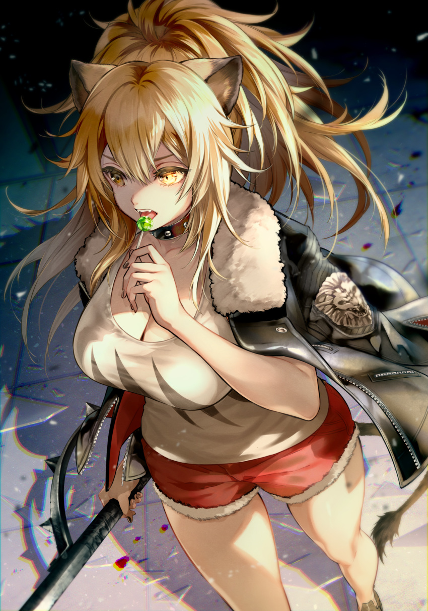 1girl animal_ears arknights black_jacket black_nails blonde_hair breasts collar collarbone commentary_request fur-trimmed_jacket fur_trim hair_between_eyes hand_up highres holding holding_lollipop holding_weapon jacket jacket_on_shoulders lion_ears lion_tail long_hair nail_polish open_mouth red_shorts sanbabasanba shadow short_shorts shorts siege_(arknights) solo standing tail tank_top tongue tongue_out weapon white_tank_top yellow_eyes