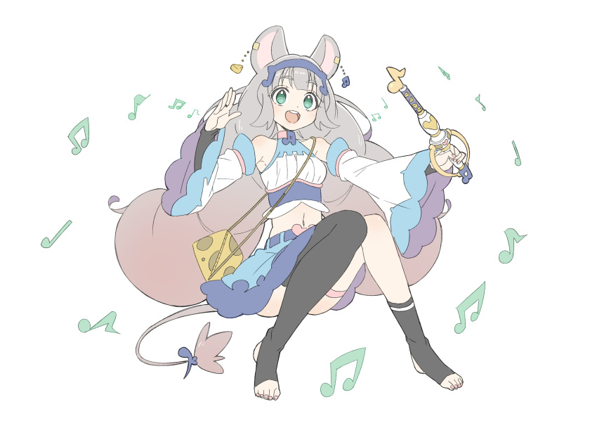 1girl :d absurdres animal_ears bare_shoulders big_hair black_legwear blue_skirt convenient_leg detached_sleeves donguri_suzume dot_nose eyebrows_visible_through_hair fingernails full_body gradient_hair green_eyes grey_hair hand_up hatsuka_chiyu hatsuka_chiyu_channel highres holding legband long_hair long_sleeves looking_at_viewer midriff mouse_ears mouse_tail multicolored_hair musical_note navel open_mouth pink_nails round_teeth single_sock single_thighhigh skirt smile socks solo stirrup_legwear tail teeth thigh-highs toeless_legwear toenail_polish toenails upper_teeth very_long_hair white_background wide_sleeves