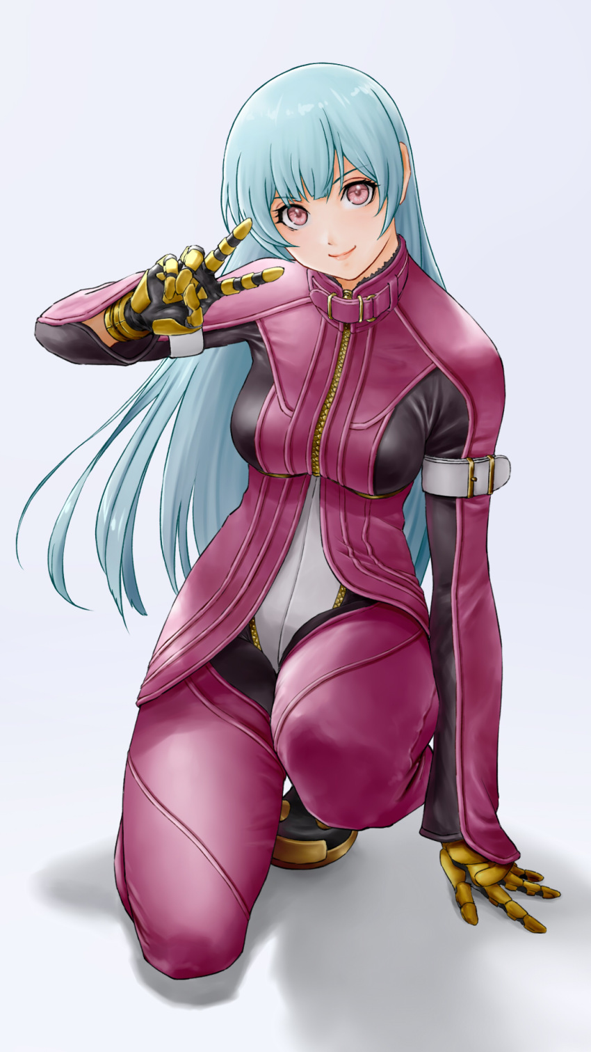 1girl bangs blue_hair bodysuit breasts gloves highres kula_diamond long_hair simple_background squatting the_king_of_fighters turtleneck v x_chitch