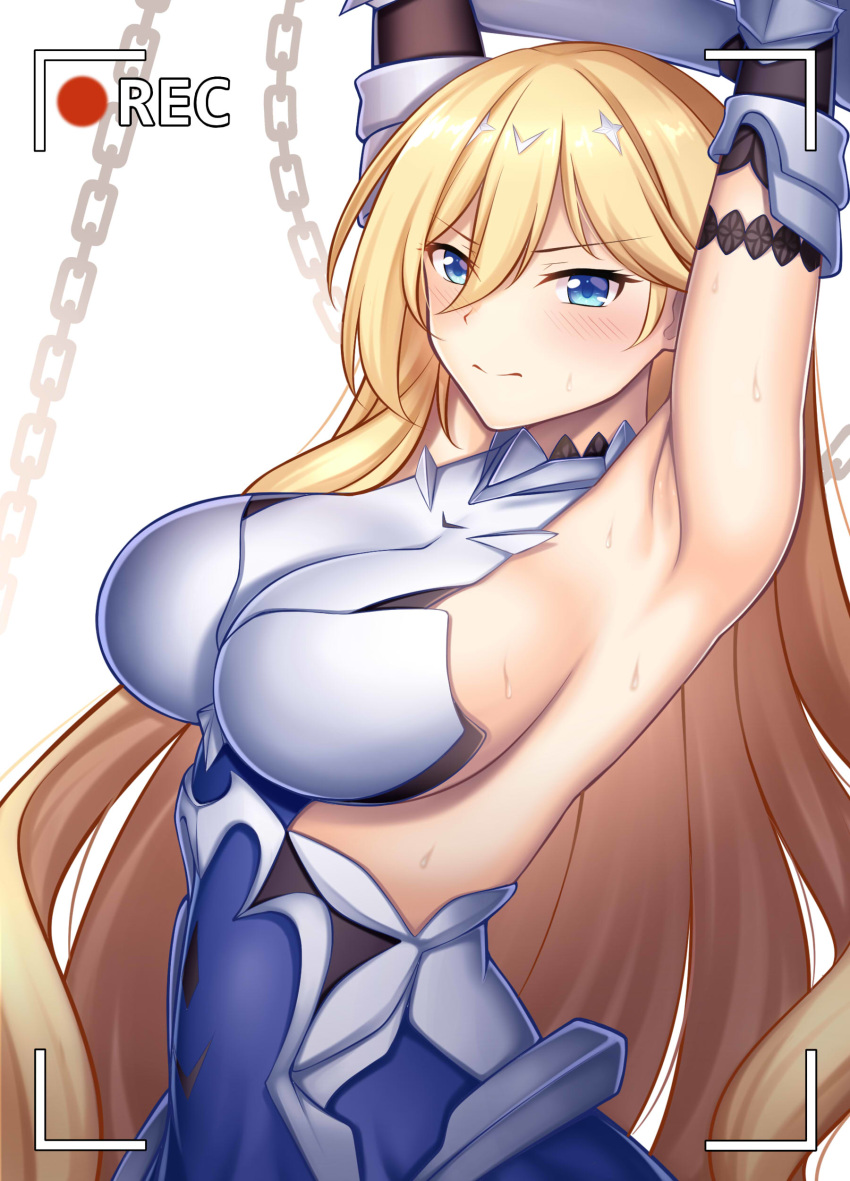 1girl absurdres arm_guards armor armored_dress armpits arms_up bdsm bianka_durandal_ataegina blonde_hair blue_dress blue_eyes bondage bound breasts closed_mouth commentary_request dress guardian-panda hair_between_eyes highres honkai_(series) honkai_impact_3rd large_breasts long_hair mixed-language_commentary recording sideboob simple_background straight_hair sweat upper_body very_long_hair white_background