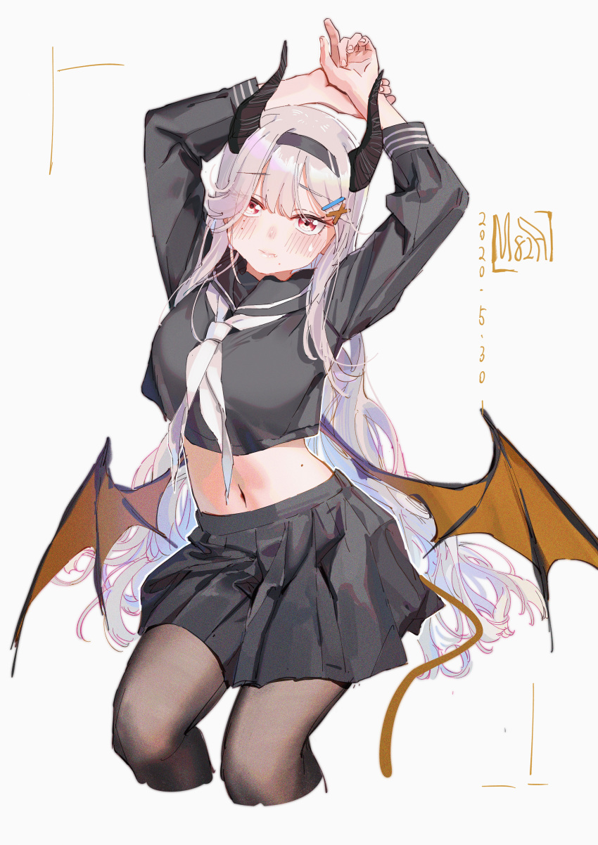 1girl :| absurdres arms_up black_legwear black_serafuku black_skirt blush breasts brown_wings closed_mouth crop_top crop_top_overhang cropped_legs dated demon_wings embarrassed fang fang_out hair_ornament hairband hairclip hei_yan-m82a1 highres horns long_hair long_sleeves looking_at_viewer low_wings medium_breasts midriff mole mole_under_eye navel neckerchief original own_hands_together pantyhose pleated_skirt red_eyes school_uniform serafuku silver_hair simple_background sitting sketch skirt solo very_long_hair white_background white_neckwear wings
