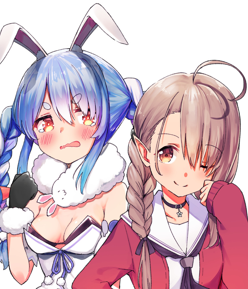 2girls absurdres ahoge animal_ear_fluff animal_ears black_bow black_gloves black_neckwear blue_hair blush bow braid breasts breasts_apart brown_eyes brown_hair bunny_girl bunnysuit carrot_hair_ornament closed_mouth coat food_themed_hair_ornament gloves hair_ornament highres hololive kusunoki_shio kusunoki_shio_(channel) kutar22 long_hair long_sleeves looking_at_another medium_breasts multicolored_hair multiple_girls neckerchief one_eye_closed open_mouth pointy_ears rabbit_ears red_cardigan scarf shirt simple_background sleeves_past_wrists smile twin_braids two-tone_hair upper_body usada_pekora virtual_youtuber white_background white_coat white_hair white_shirt