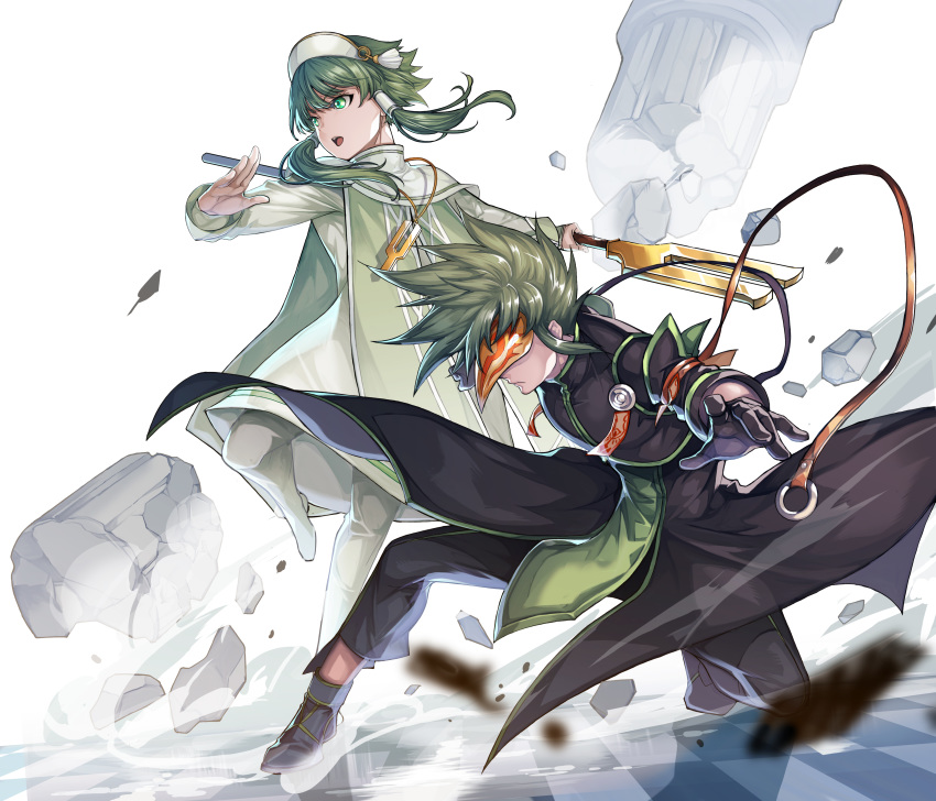 2boys absurdres bangs black_coat black_footwear black_gloves black_pants boots cape checkered checkered_floor closed_mouth coat covered_eyes debris dutch_angle fighting_stance frown full_body gloves green_eyes green_hair hair_tubes hairband highres holding holding_staff holding_weapon ion jewelry katsutake long_hair long_sleeves looking_away looking_to_the_side male_focus mask motion_blur multiple_boys necklace o-ring one_knee open_hand open_mouth outstretched_arms pants pendant pillar profile rubble short_hair_with_long_locks sidelocks simple_background spiky_hair spread_arms staff standing standing_on_one_leg sync tales_of_(series) tales_of_the_abyss turtleneck weapon white_background white_footwear white_robe