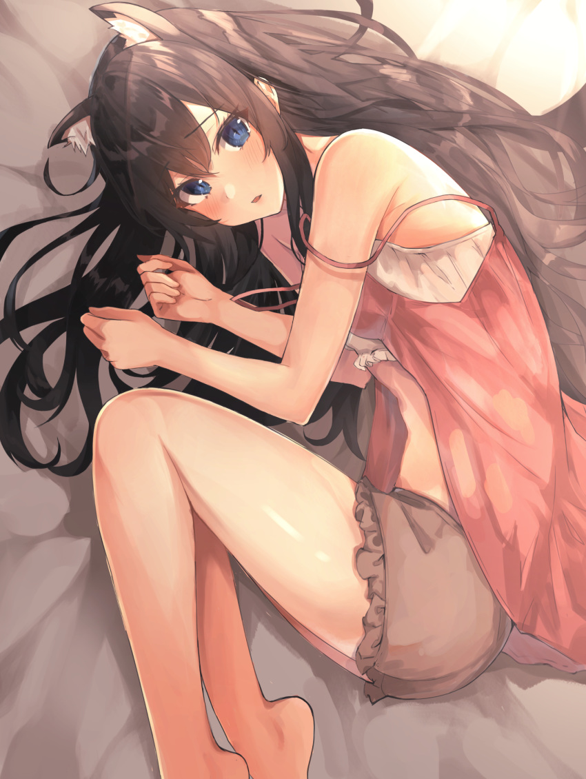 1girl alternate_costume animal_ears bangs bare_arms bare_shoulders black_hair blue_eyes blush brown_shorts cat_ears commentary_request dress eyebrows_visible_through_hair from_above highres long_hair looking_at_viewer lying on_side open_mouth pink_dress shiina_aoi short_shorts shorts solo yahari_ore_no_seishun_lovecome_wa_machigatteiru. yukinoshita_yukino