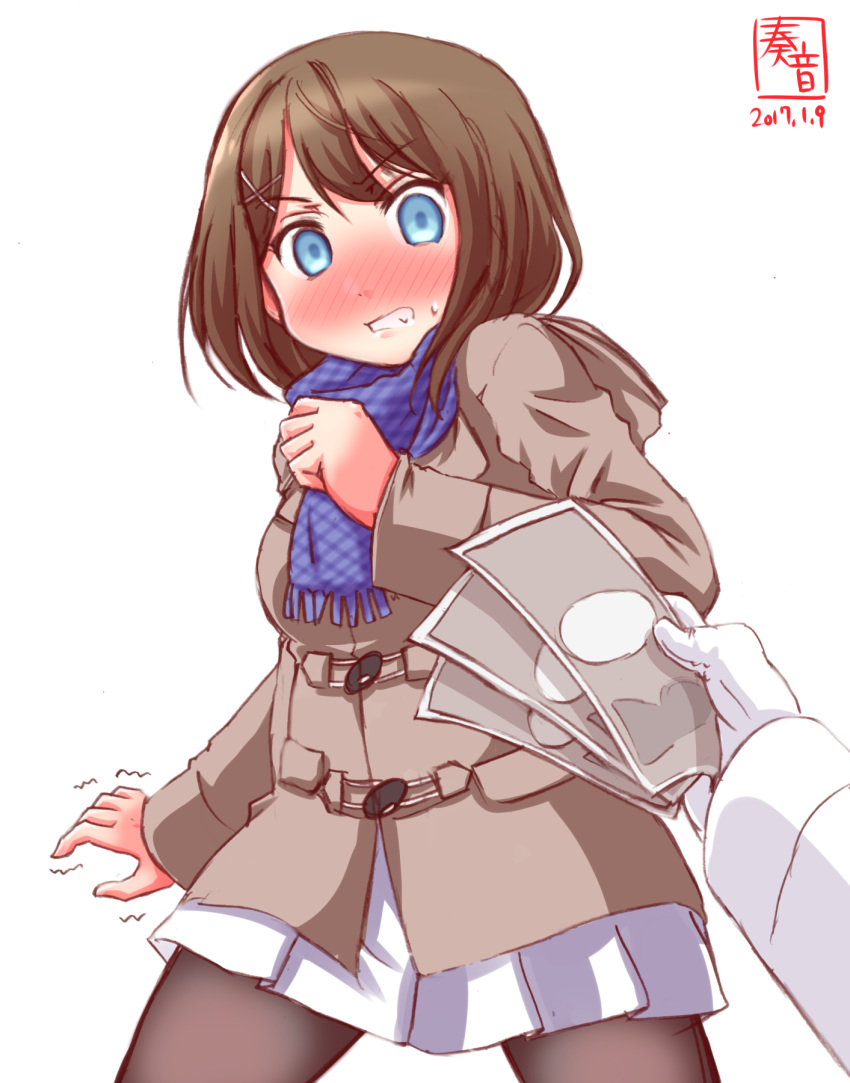 1boy 1girl admiral_(kantai_collection) alternate_costume artist_logo black_legwear blue_eyes blush brown_hair casual coat commentary_request dated full-face_blush gloves hair_ornament highres holding kanon_(kurogane_knights) kantai_collection long_sleeves maya_(kantai_collection) money out_of_frame pantyhose pleated_skirt pov pov_hands revision scarf short_hair simple_background sketch skirt surprised sweat trembling white_background white_gloves white_skirt winter_clothes winter_coat x_hair_ornament