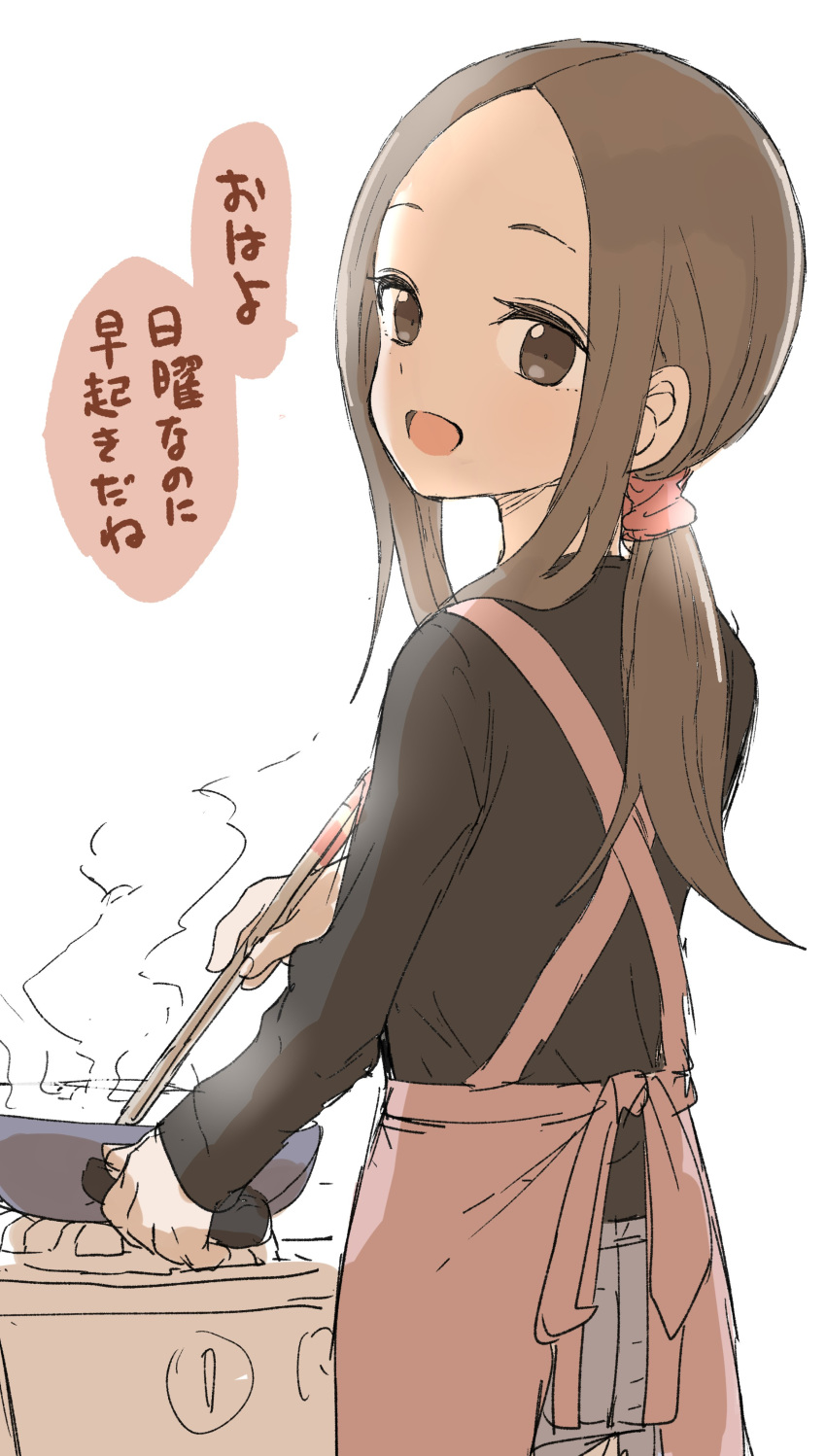 1girl :d absurdres apron bangs black_shirt blush brown_apron brown_eyes brown_hair chopsticks commentary_request cooking forehead from_behind frying_pan grey_pants highres holding holding_chopsticks karakai_jouzu_no_takagi-san long_hair looking_at_viewer looking_back low_twintails official_art open_mouth pants parted_bangs ponytail shirt sidelocks simple_background smile solo standing steam takagi-san translated twintails white_background yamamoto_souichirou