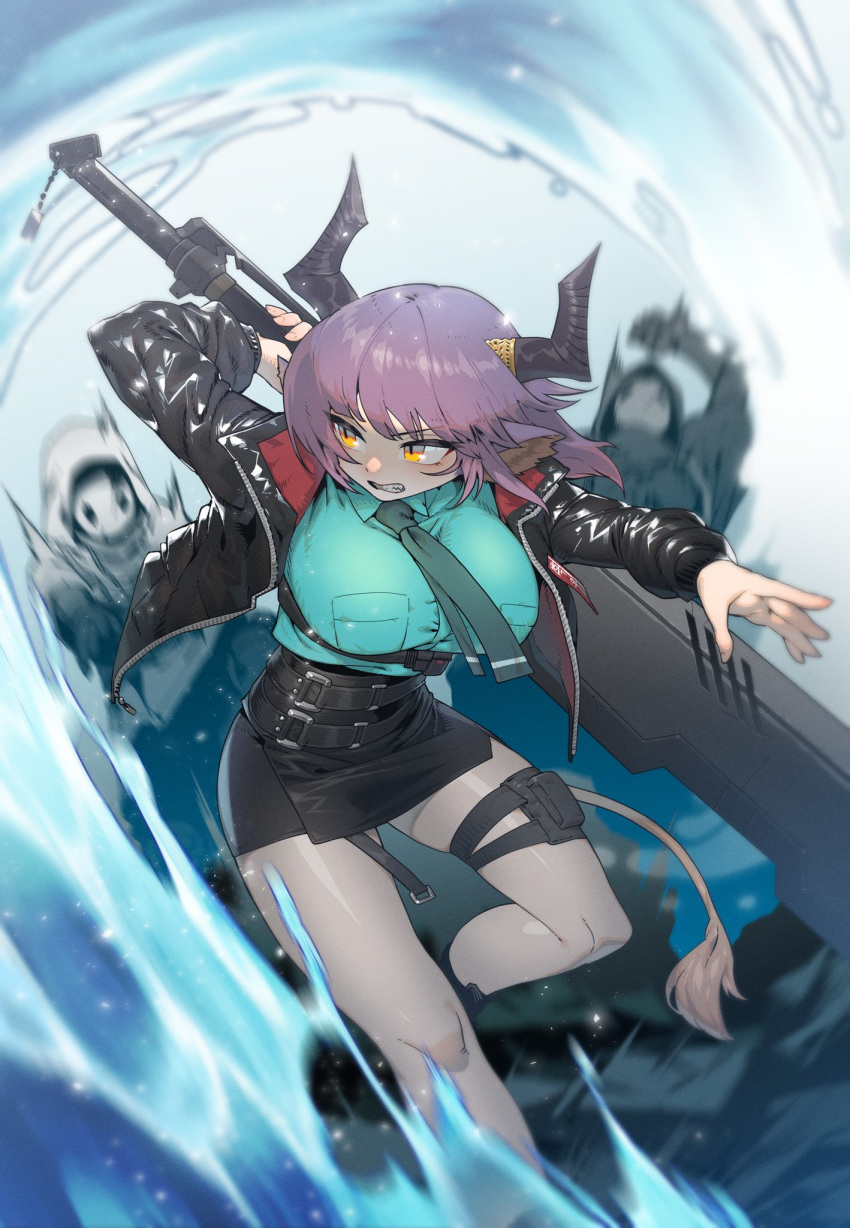 1girl animal_ears arknights bangs belt black_belt black_jacket black_skirt breast_pocket breasts brown_eyes clenched_teeth green_shirt grey_legwear highres holding holding_sword holding_weapon holster horns jacket large_breasts long_sleeves necktie open_clothes open_jacket pantyhose pencil_skirt pinkboy pocket purple_hair reunion_soldier_(arknights) serious shirt short_hair sideroca_(arknights) skirt sword tail teeth thigh_holster water weapon