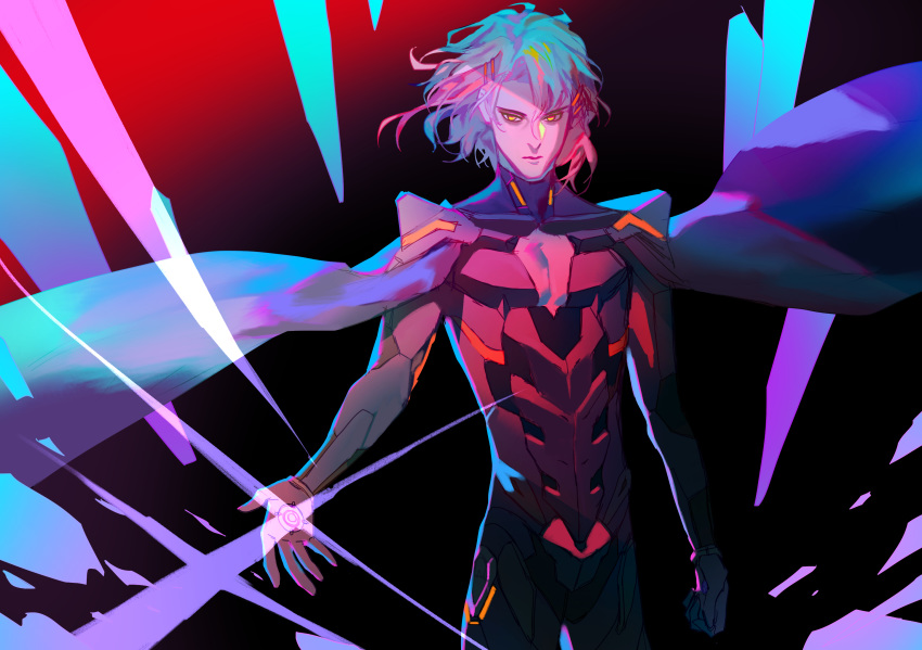 1boy armor bangs black_armor black_cape body_armor bonzon_e cape chest cleavage_cutout closed_mouth fate/grand_order fate_(series) fighting_stance gradient gradient_background highres long_sleeves male_focus medium_hair multicolored_hair odysseus_(fate/grand_order) redhead simple_background solo streaked_hair two-tone_hair upper_body white_hair yellow_eyes