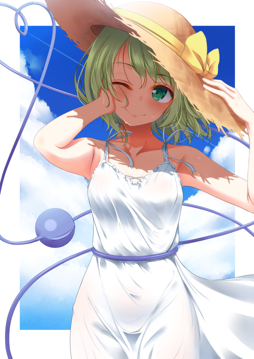 1girl ;) absurdres alternate_costume bare_arms bare_shoulders blue_sky border bow breasts cowboy_shot day dress green_eyes green_hair hat hat_bow highres indica komeiji_koishi looking_at_viewer medium_breasts medium_hair one_eye_closed outdoors sky smile solo summer sun_hat sundress third_eye touhou white_border white_dress yellow_bow