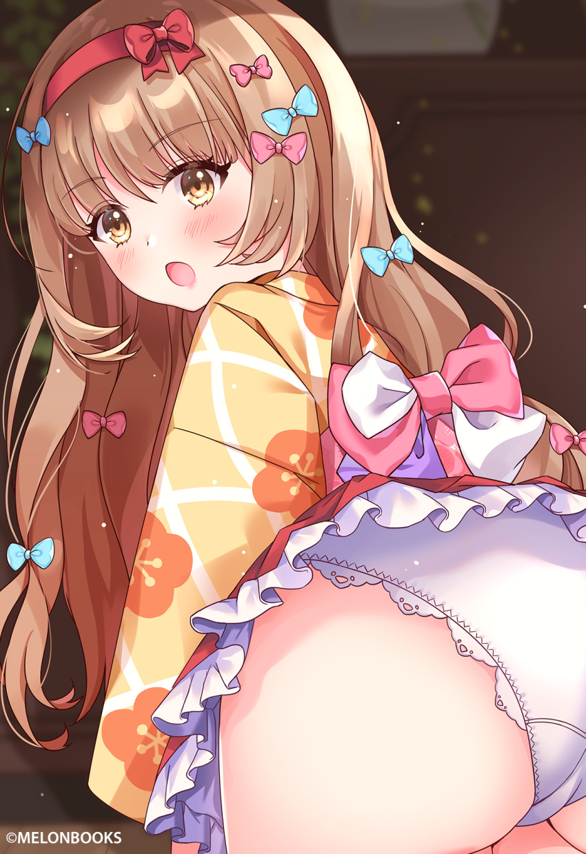 1girl :o ass bangs blue_bow blunt_bangs blush bow brown_background brown_hair copyright_name floral_print fujishiro_kokoa hair_bow hairband highres indoors long_hair looking_back maid melonbooks panties pink_bow red_hairband red_skirt skirt solo underwear white_panties